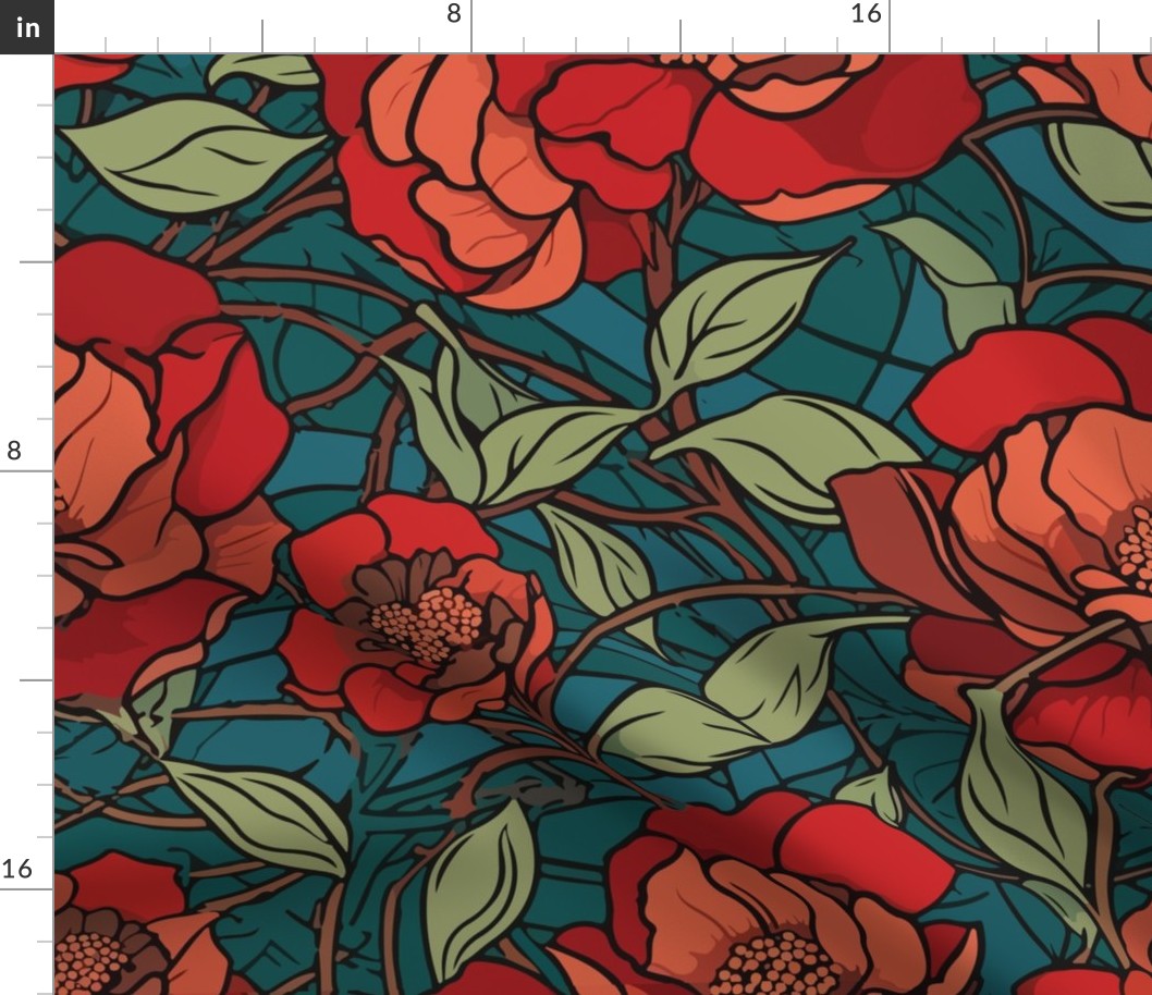 Camellia Art Nouveau - Alabama State Flower, Florals, Vintage, Stained Glass, Red, Teal