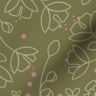 Doodle Garden in Olive Green and Pink