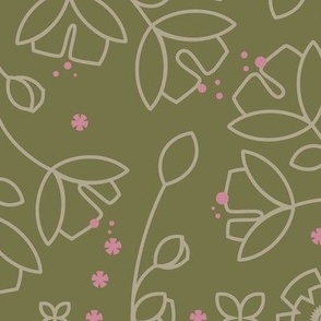 Doodle Garden in Olive Green and Pink