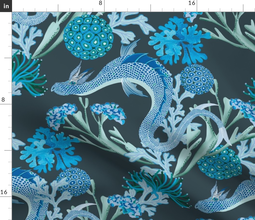 Sea Dragon in the Coral Garden - Pantone ultra steady Blue/Green Palette 21”
