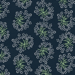 Dark vintage inspired block print hydrangea floral in navy blue and off white for wallpaper