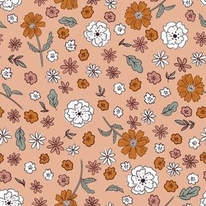 Ditsy Floral Woodlands Dream Collection flowers blossoms daisy burnt orange, green, dusty pink