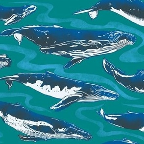 Giant whales swimming in the ocean blue & teal tones