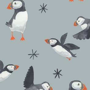 Watercolor puffins on blue grey / large / flying arctic birds