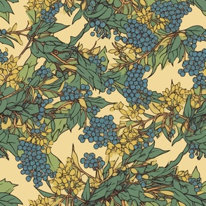 Art Nouveau Oregon Grape Flowers and Fruit - Oregon State Flower - Yellow Flowers and Blue Fruit