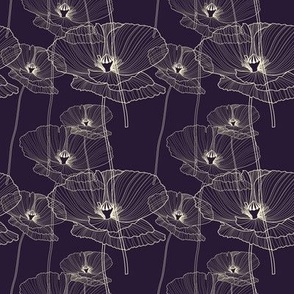 (2) Poppy Flowers Dark // Medium Scale // Dark Purple Background // Cream Flowers Poppy