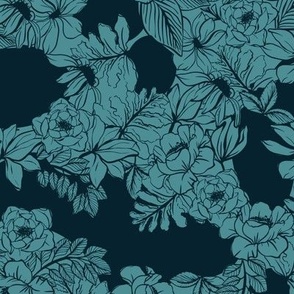  Small - Flora and Fauna Meadow Silhouettes - Navy Blue and Teal