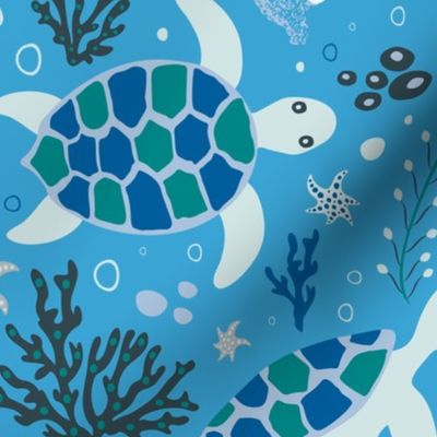 Sea Turtles Sea Animals Print Ocean Life on Blue