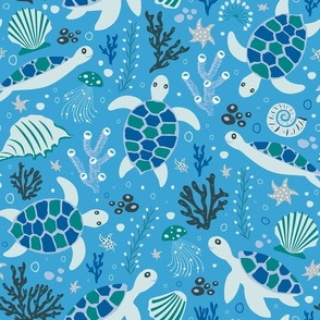 Sea Turtles Sea Animals Print Ocean Life on Blue
