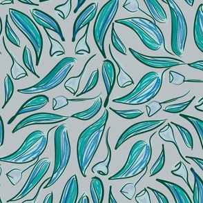 Breezy painterly eucalyptus leaves and gumnuts dance in pantone ultra steady green teal  turquoise mint blue on grey