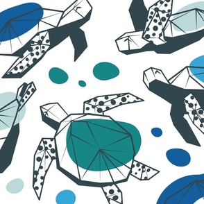 Keep the sea turtles happy and plastic free // large jumbo scale // white background blues and greens Pantone Ultra-Steady Wallpaper geometric sea animals