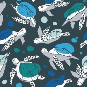 Normal scale // Keep the sea turtles happy and plastic free // charcoal background blues and greens Pantone Ultra-Steady palette geometric sea animals