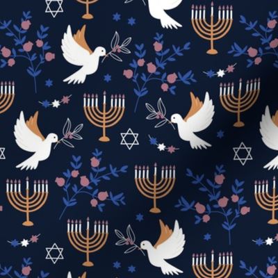 Happy Hanukkah - Menorah freedom birds and pomegranate branches traditional jewish holiday icons blue golden on navy