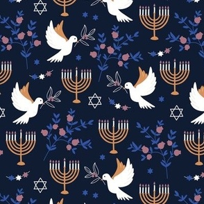 Happy Hanukkah - Menorah freedom birds and pomegranate branches traditional jewish holiday icons blue golden on navy