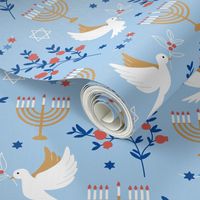 Happy Hanukkah - Menorah freedom birds and pomegranate branches traditional jewish holiday icons eclectic blue tangerine orange on light blue