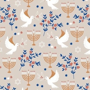 Happy Hanukkah - Menorah freedom birds and pomegranate branches traditional jewish holiday icons blue golden on sand beige