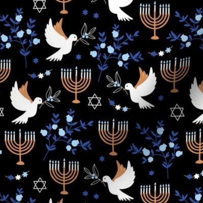 Happy Hanukkah - Menorah freedom birds and pomegranate branches traditional jewish holiday icons blue golden on black night