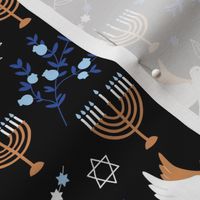 Happy Hanukkah - Menorah freedom birds and pomegranate branches traditional jewish holiday icons blue golden on black night