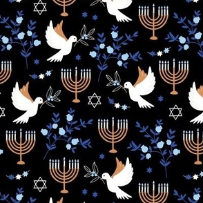 Happy Hanukkah - Menorah freedom birds and pomegranate branches traditional jewish holiday icons blue golden on black night