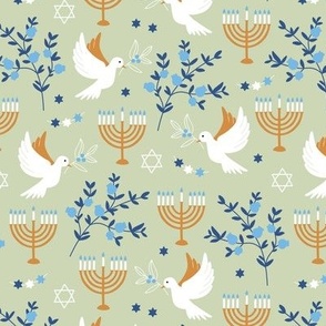 Happy Hanukkah - Menorah freedom birds and pomegranate branches traditional jewish holiday icons blue golden on soft matcha green