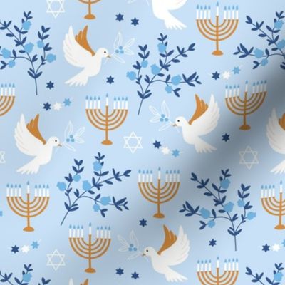 Happy Hanukkah - Menorah freedom birds and pomegranate branches traditional jewish holiday icons blue golden on light blue