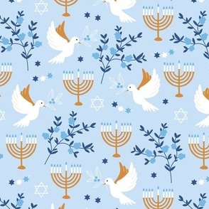 Happy Hanukkah - Menorah freedom birds and pomegranate branches traditional jewish holiday icons blue golden on light blue