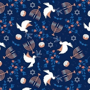 Happy Hanukkah - Menorah freedom birds and pomegranate branches traditional jewish holiday food and bunting icons eclectic blue orange on navy night