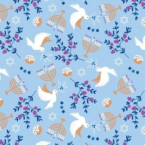 Happy Hanukkah - Menorah freedom birds and pomegranate branches traditional jewish holiday food and bunting icons eclectic blue purple on light blue