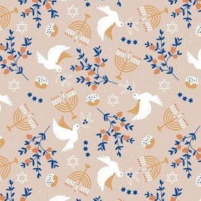 Happy Hanukkah - Menorah freedom birds and pomegranate branches traditional jewish holiday food and bunting icons eclectic blue orange on tan beige
