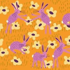 Rabbits (yellow) 24" - Purple rabbits playing amongst the yellow flowers in this folk style bunny and daisy design.  Also available in my tea towel collection and other colorways.