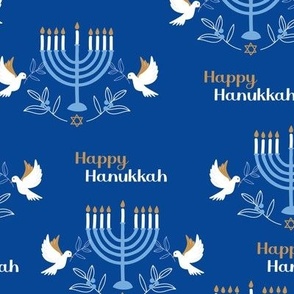 Happy Hanukkah - Menorah freedom birds and pomegranate branches traditional jewish holiday design in white light blue on eclectic blue