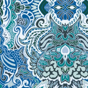 Modern blue tones reflective paisley geo