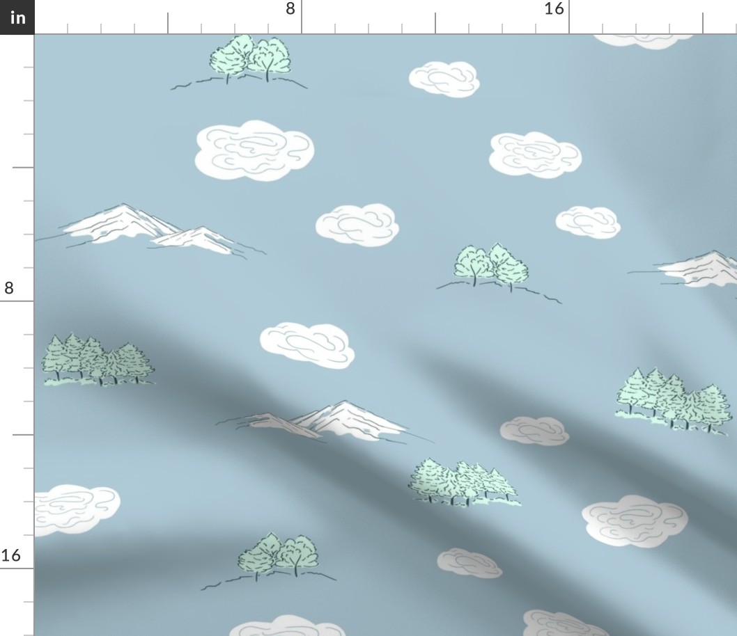 Snowy forest with clouds and trees