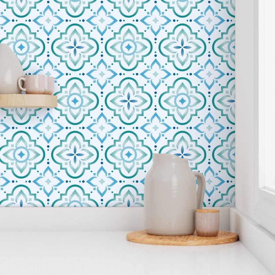 Del Mar Moroccan Tile - Green // 18x18 Wallpaper | Spoonflower