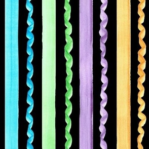 Medium Watercolor Straight and Wavy Rainbow Sherbet Stripes on Black