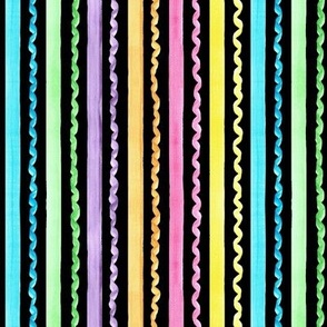 Small Watercolor Straight and Wavy Rainbow Sherbet Stripes on Black