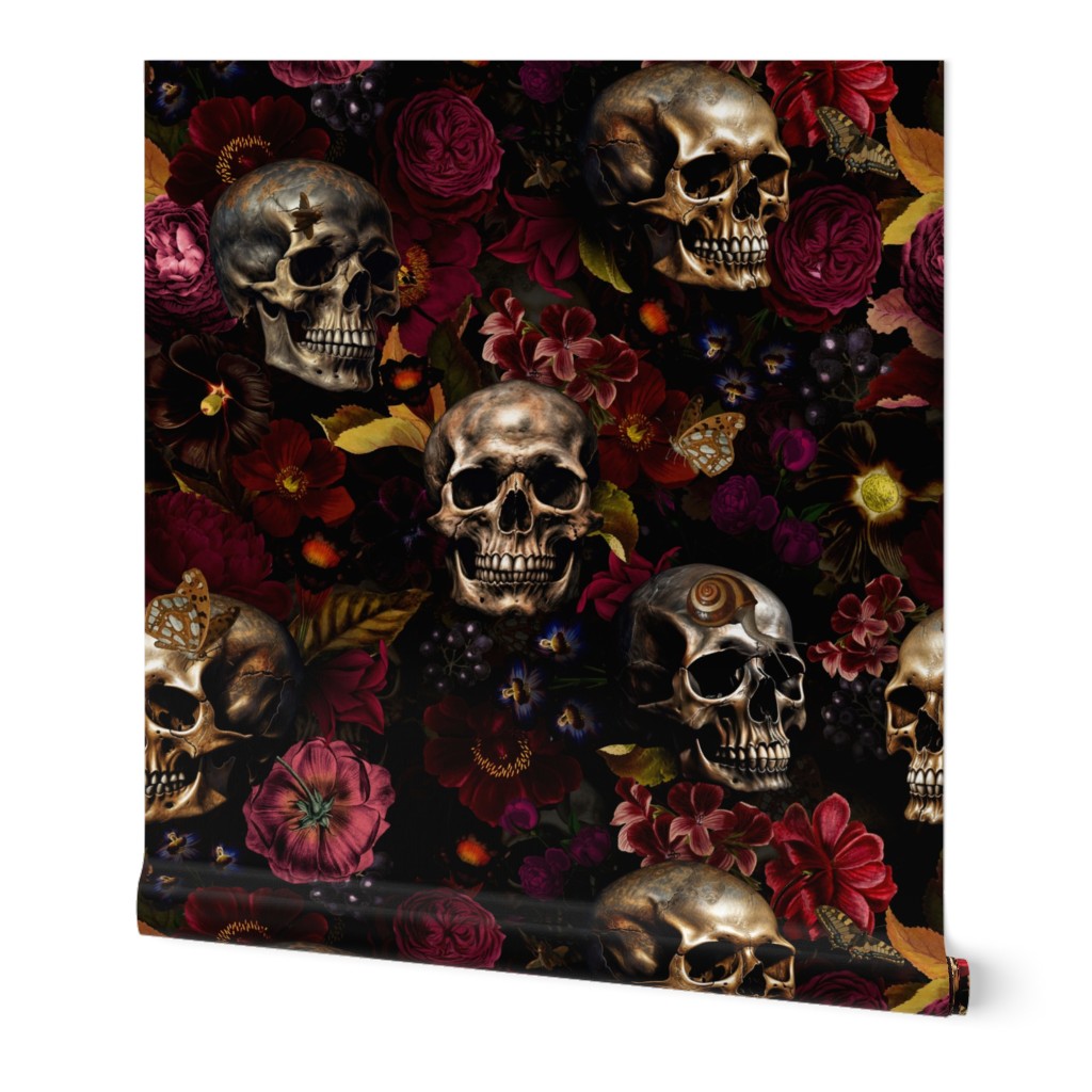 18" Antique dark academia Nightfall: A Vintage Floral halloween aesthetic goth wallpaper Pattern with Skulls and Mystical Elements on Black