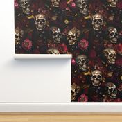 18" Antique dark academia Nightfall: A Vintage Floral halloween aesthetic goth wallpaper Pattern with Skulls and Mystical Elements on Black