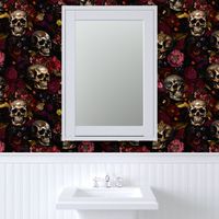 18" Antique dark academia Nightfall: A Vintage Floral halloween aesthetic goth wallpaper Pattern with Skulls and Mystical Elements on Black