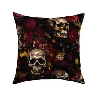 18" Antique dark academia Nightfall: A Vintage Floral halloween aesthetic goth wallpaper Pattern with Skulls and Mystical Elements on Black