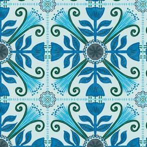 (L) Shades of blue Floral tiles - mint