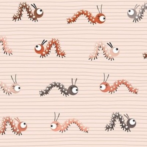 Cute colorful caterpillars on light pink background with stripes,large scale