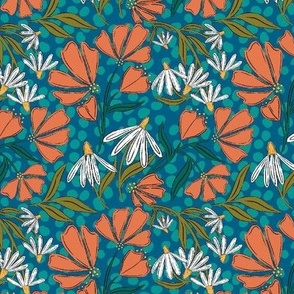 Dots & Flowers, Hand Drawn Dots, Polka Dots, Orange and Blue, Hippie Decor, Floral Decor, Colorful Decor, Flowers and Polka Dots, Floral Decor