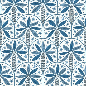 Palm Tree (Large) Blue on Cream - Tropical Moon and Stars Scallop Fan