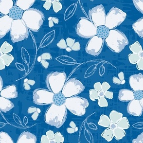 Large Bold Hand Drawn Shabby Chic Flower and Leaves_dark royal blue, dusty blue, light blue