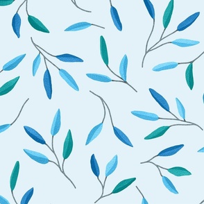 Tossed leaves in blue and greens