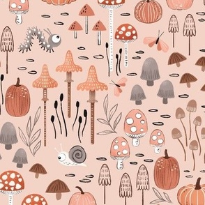 Cute caterpillars, colorful mushrooms and pumpkins on pink