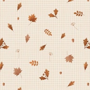 Fall oak and maple leaves on cream, small scale