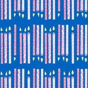 Let’s Party handdrawn pattern birthday celebration candle stripes in two directions, pink, coral,yellow,scarlet red,white on cornflower blue 6” repeat