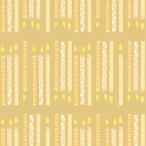 Let’s Party handdrawn pattern birthday celebration candle stripes in two directions, yellow 6” repeat, neutral and orange hues on flax 6” repeat